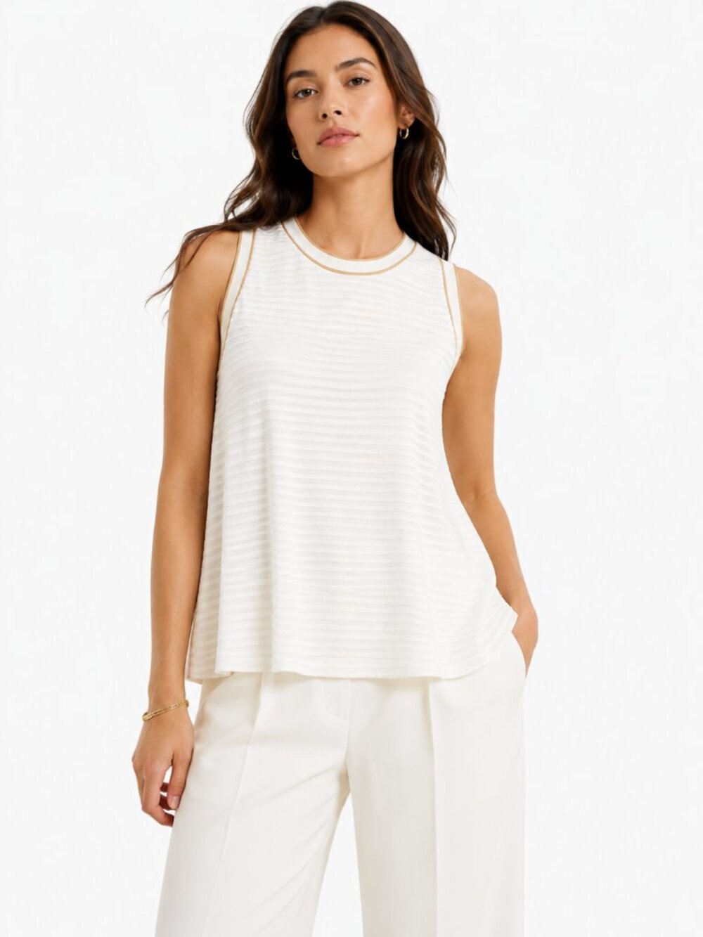 NWOT LACOSTE IVORY WHITE STRIPED NECK ASYMMETRICAL TUNIC TOP - 10 (42)